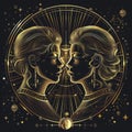 Mystical Astrology Twins with Cosmic Background in Gold and Black