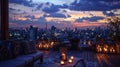 A mystical atmosphere is brought to life by the soft glow of candles and the breathtaking city view from the rooftop. 2d