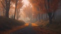 Mystical autumn forest with road in fog. Fall misty woods Autumn. Magic dark forest Fairytale Royalty Free Stock Photo