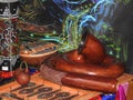 Mystical background with ritual objects of esoteric, occult, divination, magic objects. Occult, esoteric, divination and the