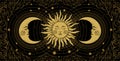 Mystical banner for astrology, tarot, boho design. Universe art, golden crescent and sun on a black background with clouds.