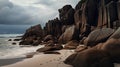 Mystical Beach Landscapes: Bold And Dynamic Rocks Under Dark Cloudy Sky