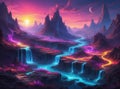 Mystical beautiful colorful landscape with flowing neons and river - Ai illustration