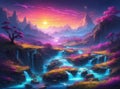 Mystical beautiful landscape with flowing of neons and river - Ai illustration