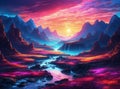 Mystical beautiful landscape with flowing of neons and sunrise and river - Ai illustration