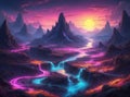 Mystical beautiful landscape with mountains and flowing of neons and river - Ai illustration