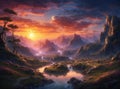 Mystical beautiful landscape with river and sunrise - Ai illustration Royalty Free Stock Photo