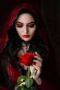 Mystical beautiful woman in a gothic costume of a medieval vampire in a hood. An adult girl holds a rose flower in her Royalty Free Stock Photo