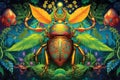 A mystical beetle with intricate patterns scuttles across a bed of ganja leaves, its movements synchronized with the rhythmic