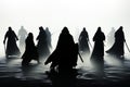 Mystical beings take form as silhouettes against a pure white backdrop