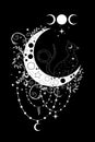 Mystical black cat over celestial crescent moon and triple goddess, witchcraft symbol, witchy esoteric logo tattoo. esoteric