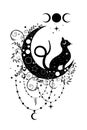 Mystical black cat over celestial crescent moon and triple goddess, witchcraft symbol, witchy esoteric logo tattoo esoteric wiccan