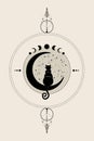 Mystical Black Cat sitting on the crescent Moon, look at the stars. Moon Phases wheel. Logo Wicca symbol, boho style, tattoo icon