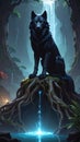 Mystical black dog on glowing roots Royalty Free Stock Photo