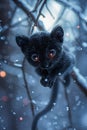 Mystical Black Furry Creature with Glowing Red Eyes in a Wintry Blue Forest Scene