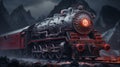 Mystical black steam train emerges from snow-covered mountains amidst darkness and mist