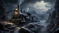 Mystical black steam train emerges from snowy mountain darkness in mysterious scene