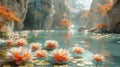 Mystical Blossoms in Tranquil Oasis, Cascading Waterfalls, Serene Nature Scene