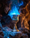 Mystical blue flames emanating from an ornate golden chalice against a rocky backdrop