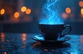 Mystical blue glowing steam rises from dark patterned coffee cup. Sparkling particles float above hot drink with inner glow on Royalty Free Stock Photo
