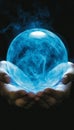 Mystical Blue Orb, Magic in the Hands, Sorcerer Holding Power, Glowing, Dark Background Royalty Free Stock Photo
