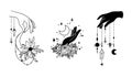 Mystical boho floral moon and witches hands isolated clip art bundle, celestial magic crescent moon collection, floral