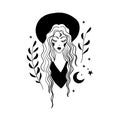 Mystical boho tattoo, hipster woman in hat, witch, modern gypsy. Mystical art for astrology, witchcraft, magic