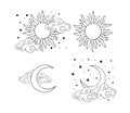 Mystical boho tattoos with sun, crescent, stars and clouds. Linear design, hand drawing. Set of elements for astrology