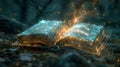 A mystical book opens in a quiet forest, emitting shimmering magic particles as dusk approaches Royalty Free Stock Photo