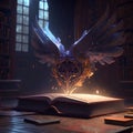 Mystical book with wings flying out of the pages. 3D rendering