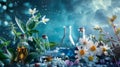 Mystical botanical still life with flowers, elixirs, and herbs styled. Enchanting scene for magical or holistic content