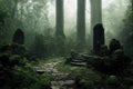 Mystical brick way with green moss to portal in enchanted foggy forest fairytale scene. Abandoned medieval road in deep