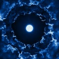 Mystical bright full moon in the midnight sky with stars surrounded by dramatic clouds. Dark background with night sky moon Royalty Free Stock Photo