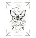 Mystical butterfly with moon phases in geometric frame, magic moth clip art in black color, celestial insect and moon