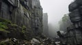 Mystical Canyon: A Foggy British Landscape With Sharp Boulders And Overcast Skies