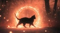 A Mystical Cat Journey Through a Magical Forest Portal at Night Royalty Free Stock Photo