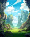 A mystical cave with ancient rock formations, clean lines, toon, clouds landscape