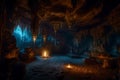 A mystical cave with glowing crystals and ancient art