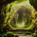 mystical cave with sparks and twists trees in green