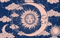 Mystical celestial astrology banner with sun and moon with face, vector esoteric poster of zodiac, horoscope, tarot