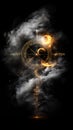 Mystical Celestial Clock with Glowing Sun and Moon Surrounded by Clouds and Magic Particles