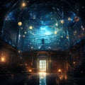 Mystical celestial library cosmic repository, floating books, ancient knowledge, ethereal ambiance