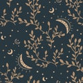 Mystical and Celestial Seamless pattern with eyes, stars, Palm and zodiac elements. Esoteric background Vector.