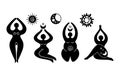 Mystical celestial and solar goddess isolated cliparts bundle, mystical wiccan woman silhouette, female symbol, moon and