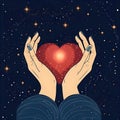 Mystical celestial woman hands with heart between them as metaphor of love or hope. Starry space texture background.