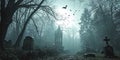 Mystical Cemetery in Foggy Forest with Bats Royalty Free Stock Photo