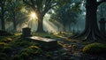 Mystical Cemetery with Sunlight Filtering Through Ancient Trees
