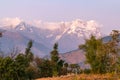 Mystical Chaukhamba peaks of Garhwal Himalayas during sunset from Deoria Tal camping site. Royalty Free Stock Photo