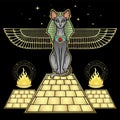 Mystical color drawing: Sacred cat goddess Bastet guard the pyramid.