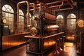 Mystical Contraptions: Steampunk Fantasy Electronic Laboratory Featuring Spark Coil Machines, Brass and Copper Tubing, Victorian Royalty Free Stock Photo